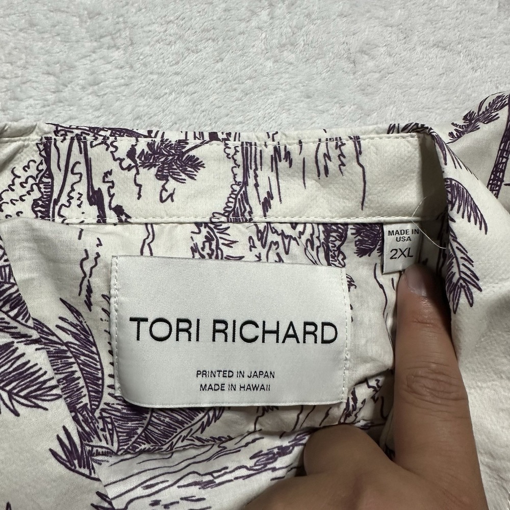 Tori Richard 2XL Aloha Shirt Cotton Coastal Engraving Purple Palm Tree Scenic - Picture 8 of 11